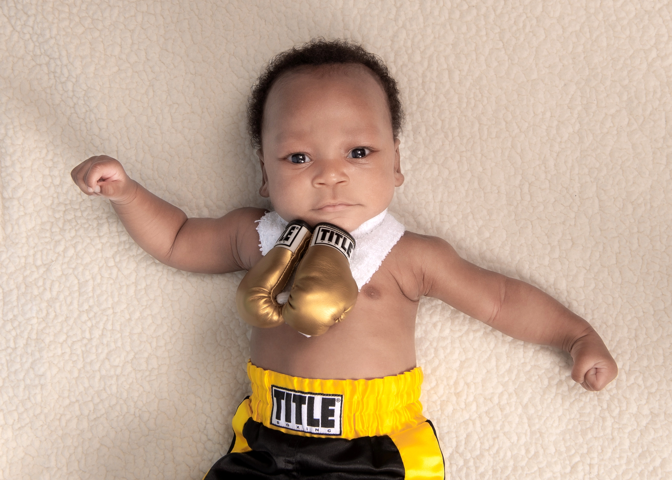 Baby dressed as a little boxer with gold gloves on cream blanket — Edmonton milestone studio portrait